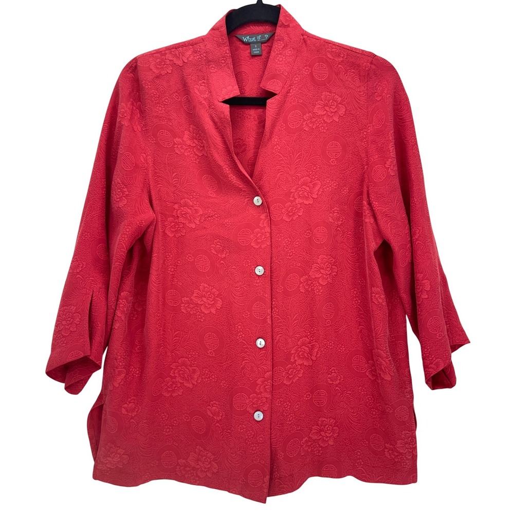 Red Silk Jacquard Floral Button Front Blouse S Asian Inspired Mandarin V-neck